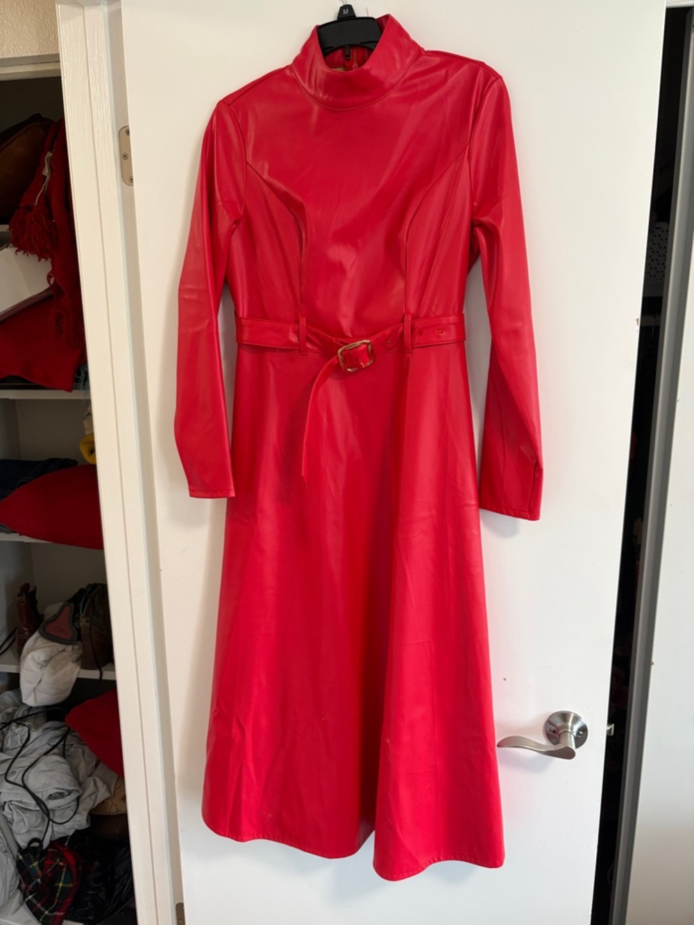 Red Long-Sleeve Faux-Leather Belted Midi Dress